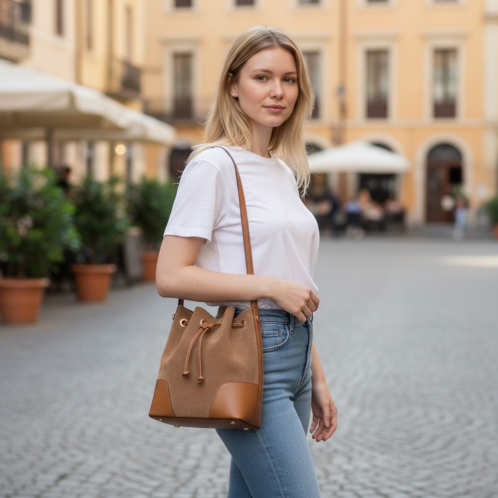 Michael Kors Brown Suede Leather Bucket Bag Crossbody Drawstring Gold Hardware